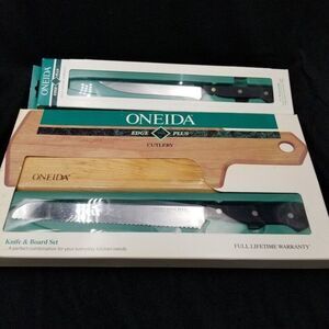 Vintage 1992 Cheese Cutting Board Oneida Edge Knife Stainless Steel Kitchen Set